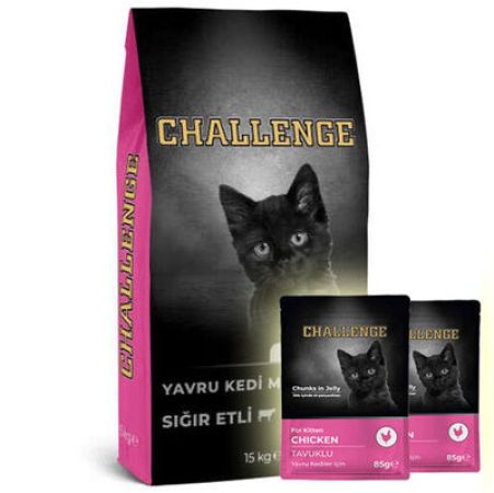 Challenge Kitten Sığır Etli Yavru Kedi Maması 15 Kg + 5 Adet Challenge Pouch 85 Gr Yaş Mama