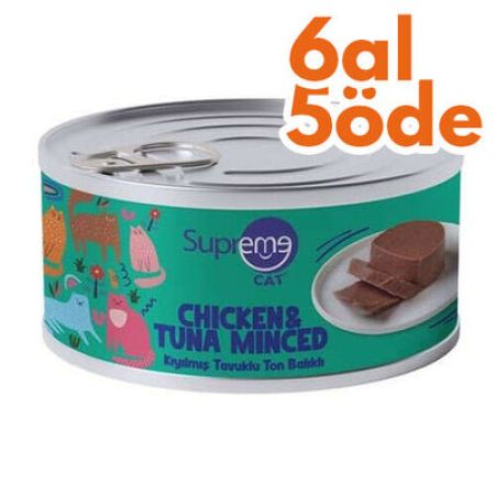 Supreme Tavuk Etli ve Ton Balıklı Kıyılmış Kedi Yaş Maması 85 Gr - 6 Al 5 Öde