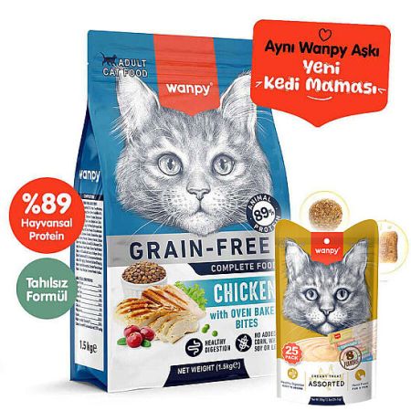 Wanpy with Oven Baked Bites Tahılsız Tavuklu Kedi Kuru Maması 1,5 Kg + Wanpy 25'li Krema Ödül