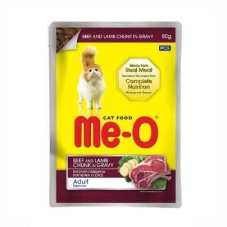 Me-O Pouch Soslu Dana ve Kuzu Etli Yetişkin Kedi Konservesi 80 Gr