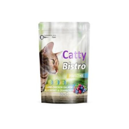Catty Bistro Mükemmel Karışım Kuzulu Tavuklu Somonlu Yaban Mersinli ve Kızılcıklı Kedi Ödül Maması 60 Gr