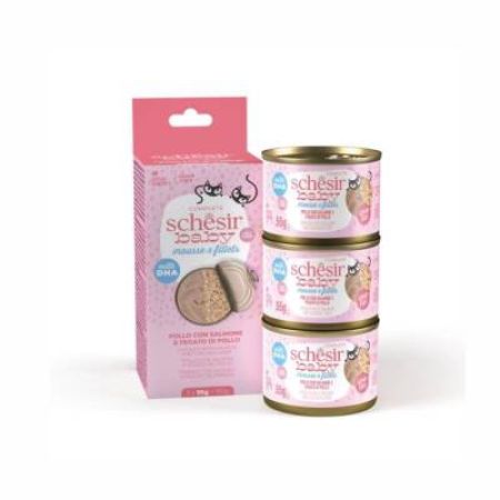 Schesir Parça Tavuklu Somonlu Ciğerli Tahılsız Ezme Yavru Kedi Konservesi 3 x 55 gr