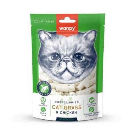 Wanpy Hairball Control Dondurularak Kurutulmuş Çim ve Tavuklu Kedi Ödülü 20 gr