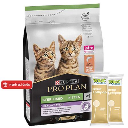 Pro Plan Kitten Sterilised Somonlu Kısırlaştırılmış Yavru Kedi Maması 3 Kg + 2 Adet Wooc Lolipop Ödül