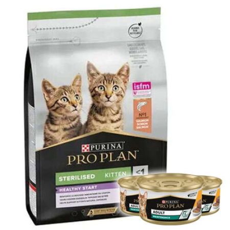Pro Plan Kitten Sterilised Somonlu Kısırlaştırılmış Yavru Kedi Maması 3 Kg + 3 Adet Pro Plan 85 Gr Yaş Mama
