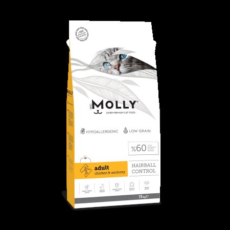 Molly Hairball Control Düşük Tahıllı Tavuklu ve Hamsili Yetişkin Kedi Maması 15 kg