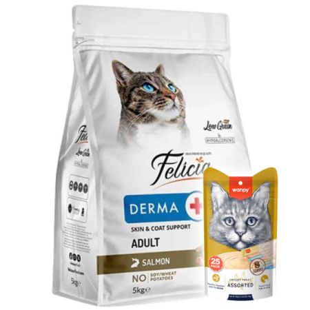 Felicia Hypoallergenic Düşük Tahıllı Somonlu Kedi Maması 5 Kg + Wanpy 25'li Krema Ödül