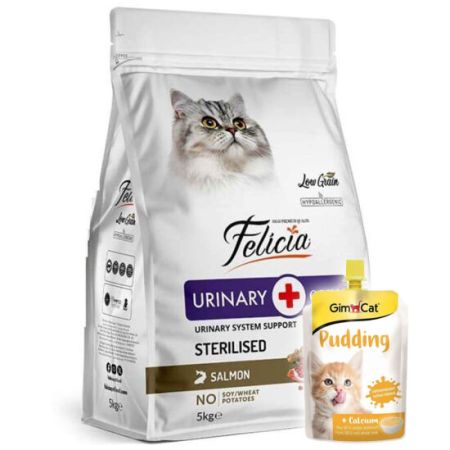 Felicia Hypoallergenic Urinary Sterilised Somonlu Kısırlaştırılmış Kedi Maması 5 Kg + Gimcat Kedi Pudingi 150 Gr