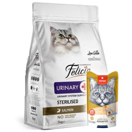 Felicia Hypoallergenic Urinary Sterilised Somonlu Kısırlaştırılmış Kedi Maması 5 Kg + Wanpy 25'li Krema Ödül