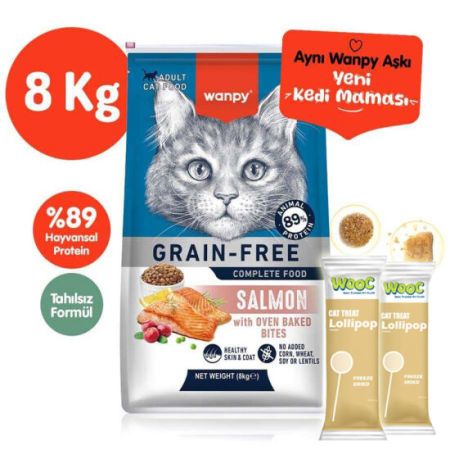Wanpy with Oven Baked Bites Tahılsız Somonlu Kedi Kuru Maması 8 Kg + 2 Adet Wooc Lolipop Ödül