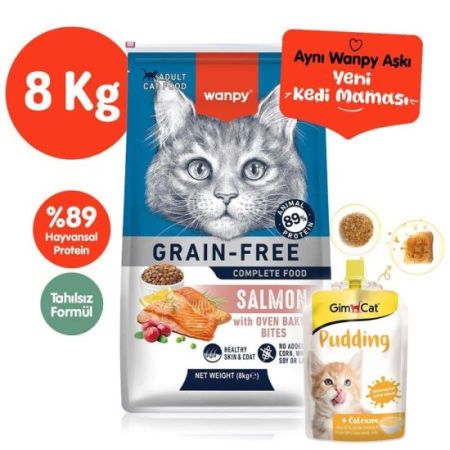 Wanpy with Oven Baked Bites Tahılsız Somonlu Yetişkin Kedi Kuru Maması 8 Kg + Gimcat Kedi Pudingi 150 Gr