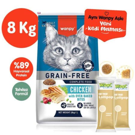 Wanpy with Oven Baked Bites Tahılsız Tavuklu Kedi Kuru Maması 8 Kg + 2 Adet Wooc Lolipop Ödül