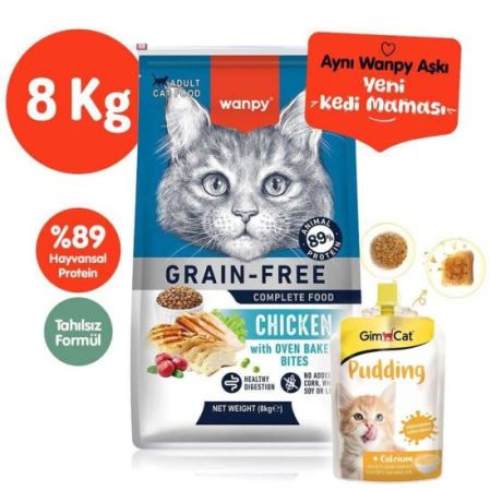 Wanpy with Oven Baked Bites Tahılsız Tavuklu Yetişkin Kedi Kuru Maması 8 Kg + Gimcat Kedi Pudingi 150 Gr