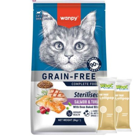 Wanpy with Oven Baked Bites Tahılsız Sterilised Somon ve Ton Balıklı Kısırlaştırılmış Kedi Kuru Maması 8 Kg + 2 Adet Wooc Lolipop Ödül