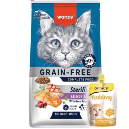 Wanpy with Oven Baked Bites Tahılsız Sterilised Somon ve Ton Balıklı Kısırlaştırılmış Kedi Kuru Maması 8 Kg + Gimcat Kedi Pudingi 150 Gr