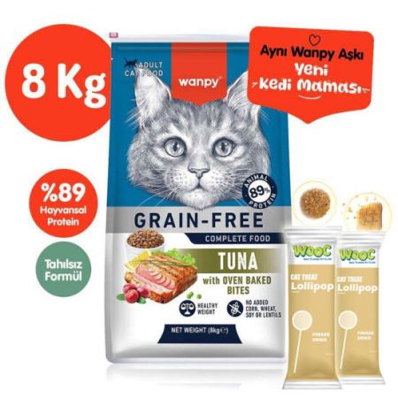 Wanpy with Oven Baked Bites Tahılsız Ton Balıklı Kedi Kuru Maması 8 Kg + 2 Adet Wooc Lolipop Ödül