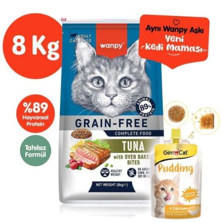 Wanpy with Oven Baked Bites Tahılsız Ton Balıklı Yetişkin Kedi Kuru Maması 8 Kg + Gimcat Kedi Pudingi 150 Gr