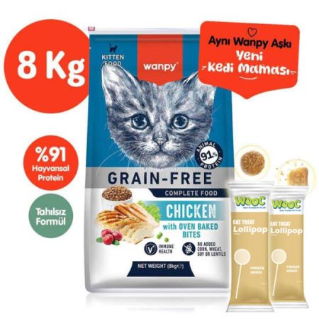Wanpy Kitten with Oven Baked Bites Tahılsız Tavuklu Yavru Kedi Kuru Maması 8 Kg + 2 Adet Wooc Lolipop Ödül