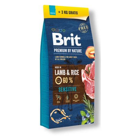 Brit Premium by Nature Sensitive Kuzulu ve Pirinçli Yetişkin Köpek Maması 15 kg + 3 kg