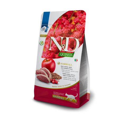 N&D Quinoa Hairball Tüy Yumağı Önleyici Ördek Etli Elmalı ve Kızılcıklı Tahılsız Yetişkin Kedi Maması 1,5 kg