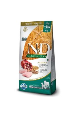N&D Az Tahıllı Tavuklu ve Narlı Orta ve İri Irk Yetişkin Köpek Maması 12+3 Kg