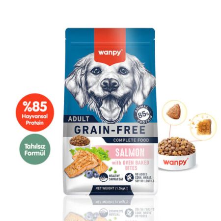 Wanpy with Oven Baked Bites Tahılsız Somonlu Yetişkin Köpek Kuru Maması 1,5 Kg