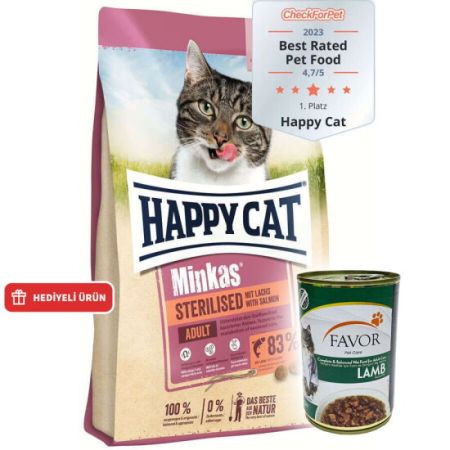 Happy Cat Minkas Sterilised Kısırlaştırılmış Somonlu Kedi Maması 4 Kg + 2 Adet Favor Kuzu Kedi Konservesi 400 Gr