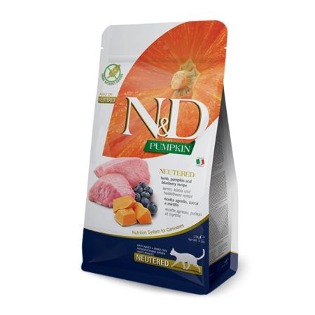 N&D Pumpkin Tahılsız Kuzu Etli, Bal Kabaklı ve Yaban Mersinli Kısırlaştırılmış Yetişkin Kedi Maması 5 kg