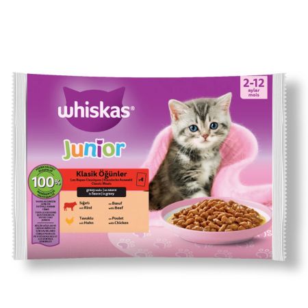 Whiskas Junior Klasik Öğünler Sığırlı ve Tavuklu Pouch Yavru Kedi Yaş Maması 4 x 85 gr