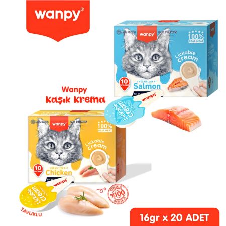 Wanpy 2li Set - Somonlu & Tavuklu Tahılsız Kaşıklı Kedi Ödül Kreması Kedi Ödülü 20 x 16gr