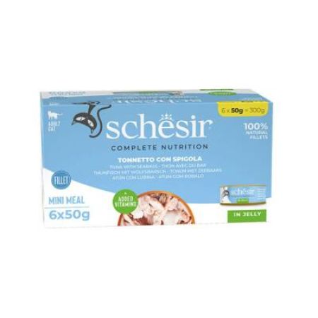 Schesir Tam ve Dengeli Ton Balığı ile Levrekli Jöle İçinde Kedi Konservesi Multipack 6x50 gr