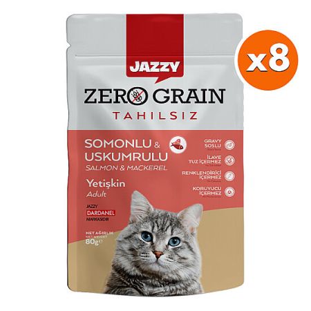 Dardanel Jazzy Pouch Zero Grain Somonlu ve Uskumrulu Tahılsız Kedi Yaş Maması 80 Gr x 8 Adet