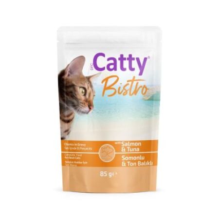 Catty Bistro Sos İçinde Somonlu Ton Balıklı Yetişkin Kedi Konservesi 85 Gr