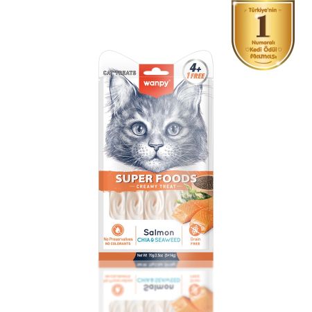 Wanpy Superfood Somonlu, Chialı ve Deniz Yosunlu Krema Kedi Ödül Maması 5 × 14 gr