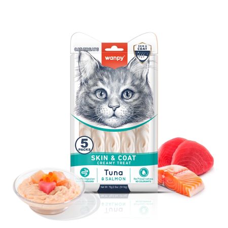 Wanpy Skin & Coat Ton Balıklı ve Somonlu Tüy Sağlığı Destekleyici Kedi Krema Ödül Maması 5 x 14 gr