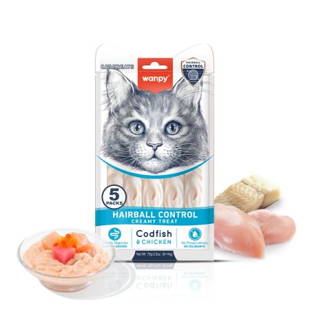 Wanpy Hairball Control Morina Balıklı ve Tavuklu Krema Kedi Ödül Maması 5 x 14 gr