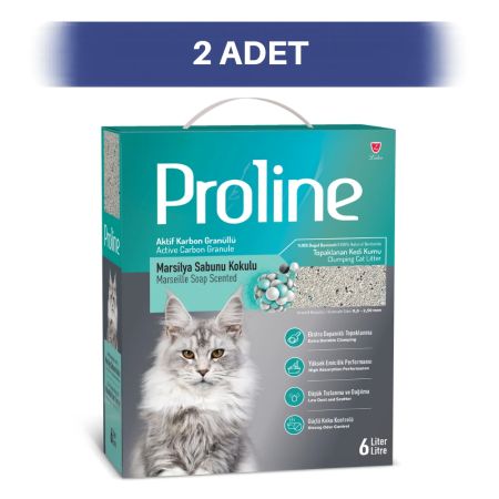 Proline Aktif Karbonlu Marsilya Sabunu Kokulu Granüllü Bentonit Kedi Kumu 2 x 6 lt