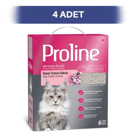 Proline Aktif Karbonlu Bebek Pudrası Kokulu Granüllü Bentonit Kedi Kumu 4 x 6 lt