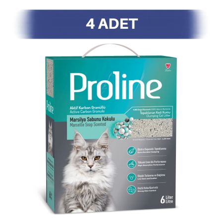 Proline Aktif Karbonlu Marsilya Sabunu Kokulu Granüllü Bentonit Kedi Kumu 4 x 6 lt