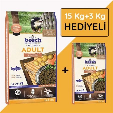 Bosch Adult Glutensiz Somon Balıklı Patatesli Yetişkin Köpek Maması 15 Kg+(3 Kg Hediyeli)