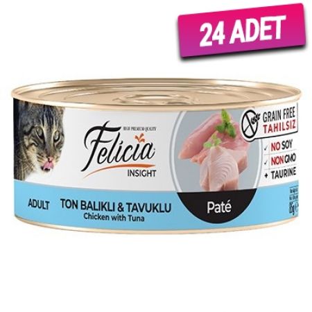 Felicia Tahılsız Ton Balıklı Tavuklu Kıyılmış Yetişkin Konserve Kedi Maması 85 Gr - 24 Adet