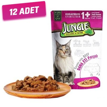 Jungle Biftekli Pouch Yetişkin Kısırlaştırılmış Konserve Kedi Maması 85 Gr - 12 Adet