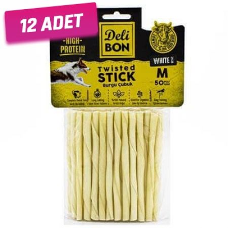 Delibon Orta Boy Deri Burgu Çubuk Köpek Ödülü Beyaz 50 Adet - 12 Adet