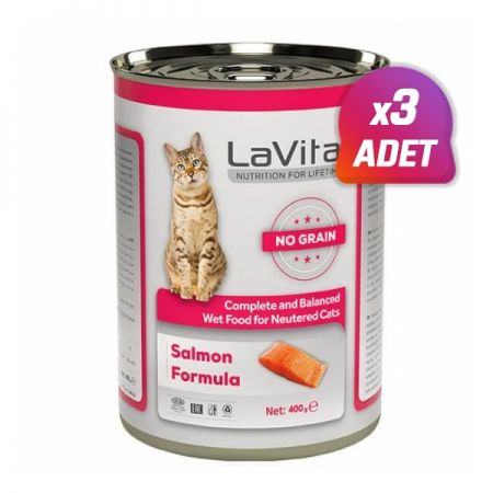 3 Adet - Lavital Sterilised Tahılsız Somonlu Kısır Konserve Kedi Maması 400 Gr