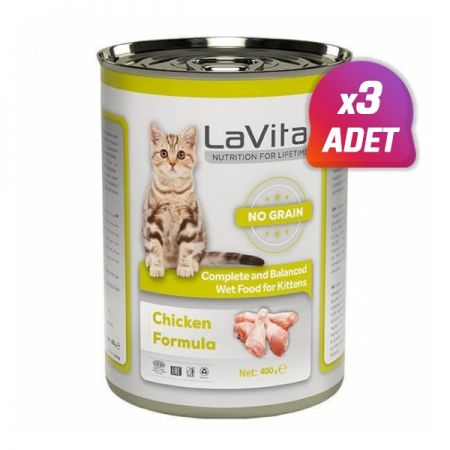3 Adet - Lavital Kitten Tahılsız Tavuklu Yavru Konserve Kedi Maması 400 Gr