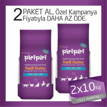 Pisi Pisi Pudralı Topaklanan Bentonit Kedi Kumu Kalın 2x10 Kg