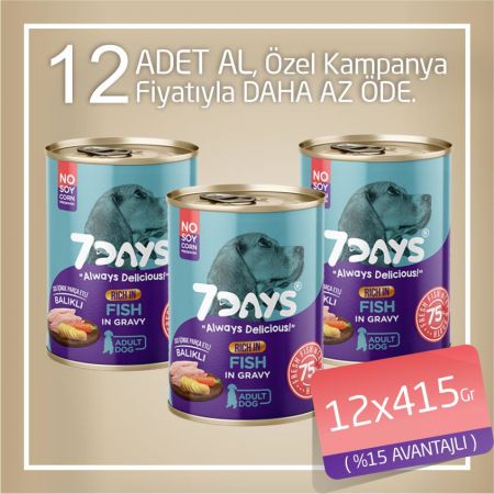 7Days Tahılsız Taze Balık Etli Soslu Yetişkin Köpek Konservesi 12x415 Gr