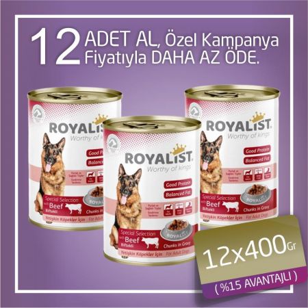 Royalist Biftekli Parça Etli Gravy Soslu Yetişkin Köpek Konservesi 12x400 Gr