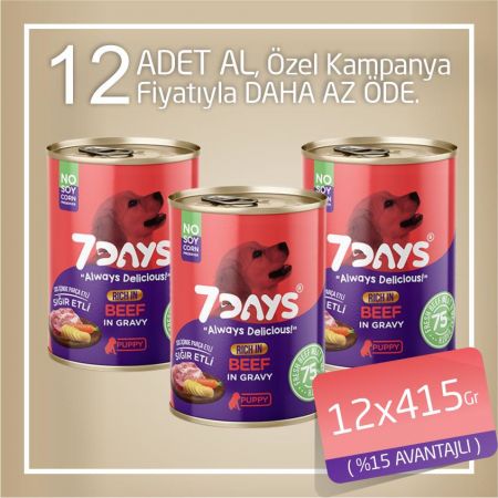 7Days Tahılsız Taze Sığır Etli Soslu Yavru Köpek Konservesi 12x415 Gr