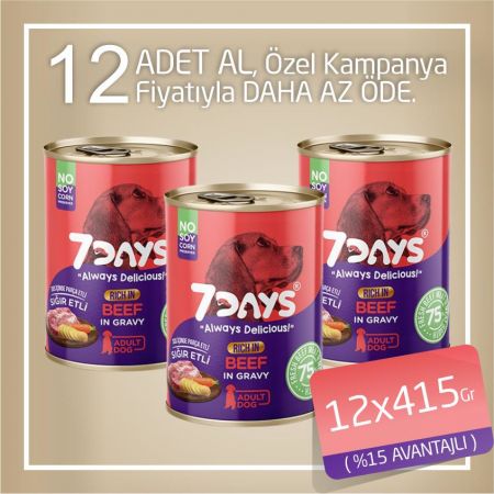7Days Tahılsız Taze Sığır Etli Soslu Yetişkin Köpek Konservesi 12x415 Gr